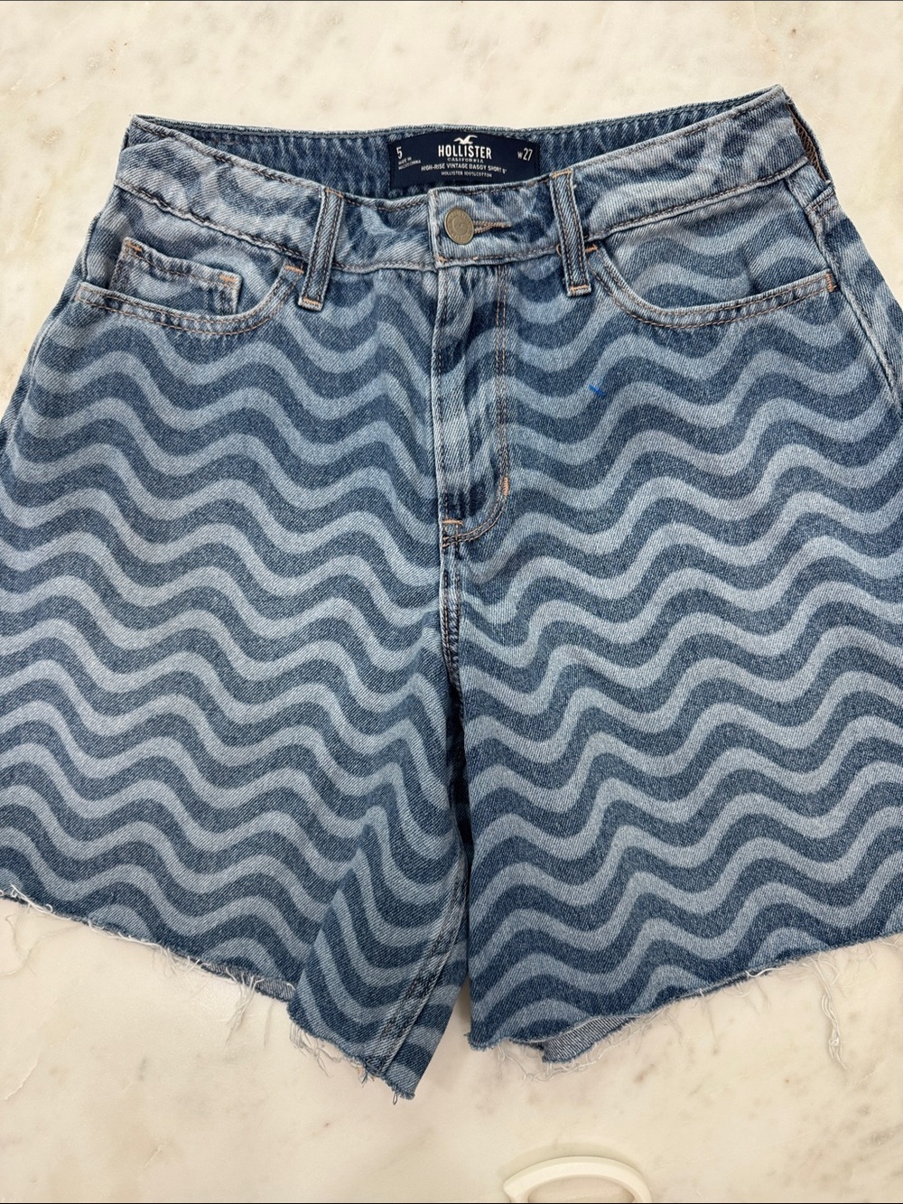Hollister Wave-Print Blue Denim Shorts